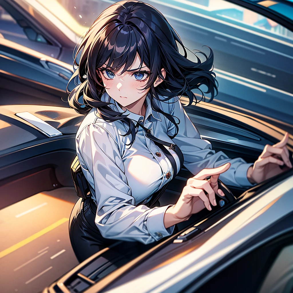 Masterpiece, Best Quality, High Quality, CG, 8K, Stylish woman with a serious expression driving a speeding car, anime style