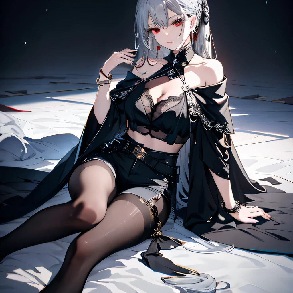 8k,High Resolution RAW Color Art,Anime Art, (((Very detailed and cool))), Delicate skin, vague、texture,(Carefully crafted, Finer details, Extremely detailed art), (((1 girl))), Writing border depth, Silky touch, Ultra Detail, (((Cool Face))), Eyeshadow、Silver Marble Skin, Beautiful and delicate red eyes, Beautiful lip details, Very delicate face shape, Detailed depiction of hair and eyes, Exquisite and stylish, Silver earrings,silver bracelet、Full body depiction, Black half top、(((Off-shoulder)))、Black shorts、Black waist cape、Black pantyhose、 A little bit of white hair, Straight hair、Semi-long hair、(((hair)))、water surface、Silk clothes