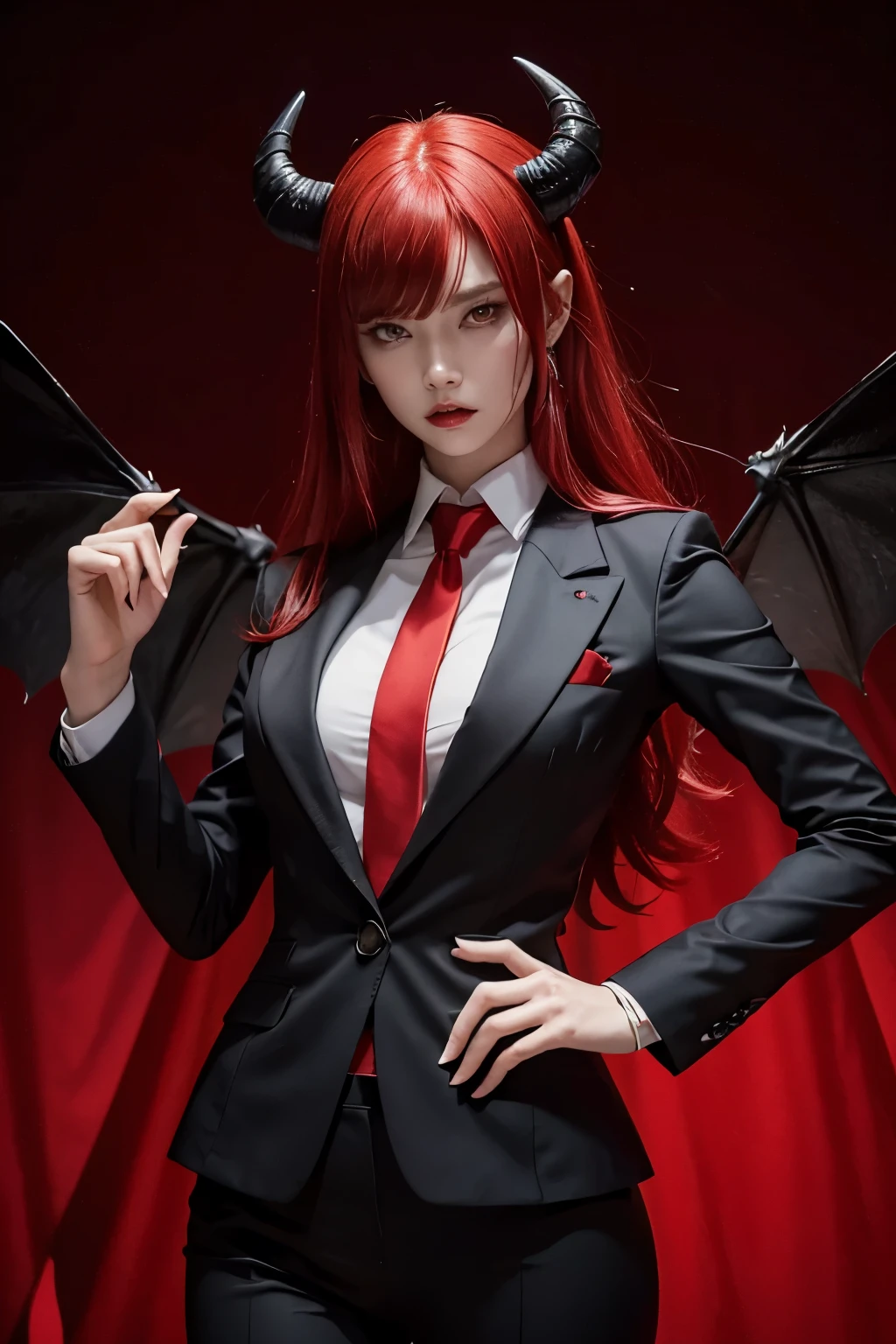 Short Caucasian demon girl with really red hair, red eyes, and striking elegant conservative red and black suit. A sleek, form-fitting red and black suit that accentuates her. Intricate patterns and embellishments that hint at her demonic nature. Melony is a demon who revels in causing horrible chaos and destruction. Suit, business suit, pants, suit, red black suit, red black pants, covers all, conservative, modest, background war, famine, destruction, soviet