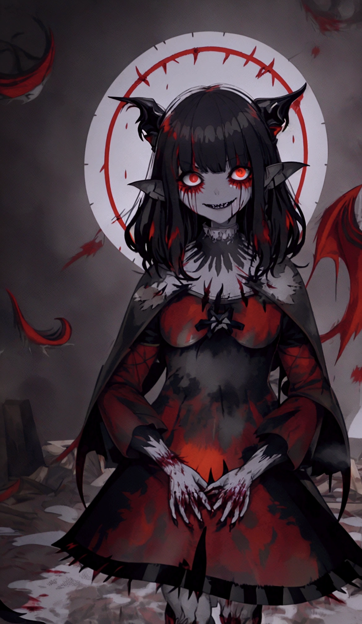 western art style, cute pale skinny tiny innocent eldritch grey-skinned-monster, female, six big cute black lidless eyes, long wet black hair, slender limbs, toothed maw with cute smile, long drippy tongue, flat chest, eerie vibes