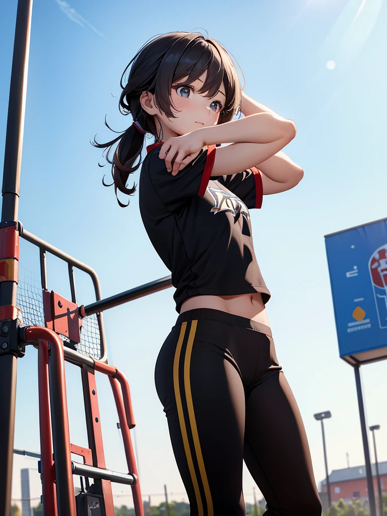 (Hu tao), 1girl, as an athlete, wearing a sports t-shirt and pants, at a playground , 8k, high detailed, high quality