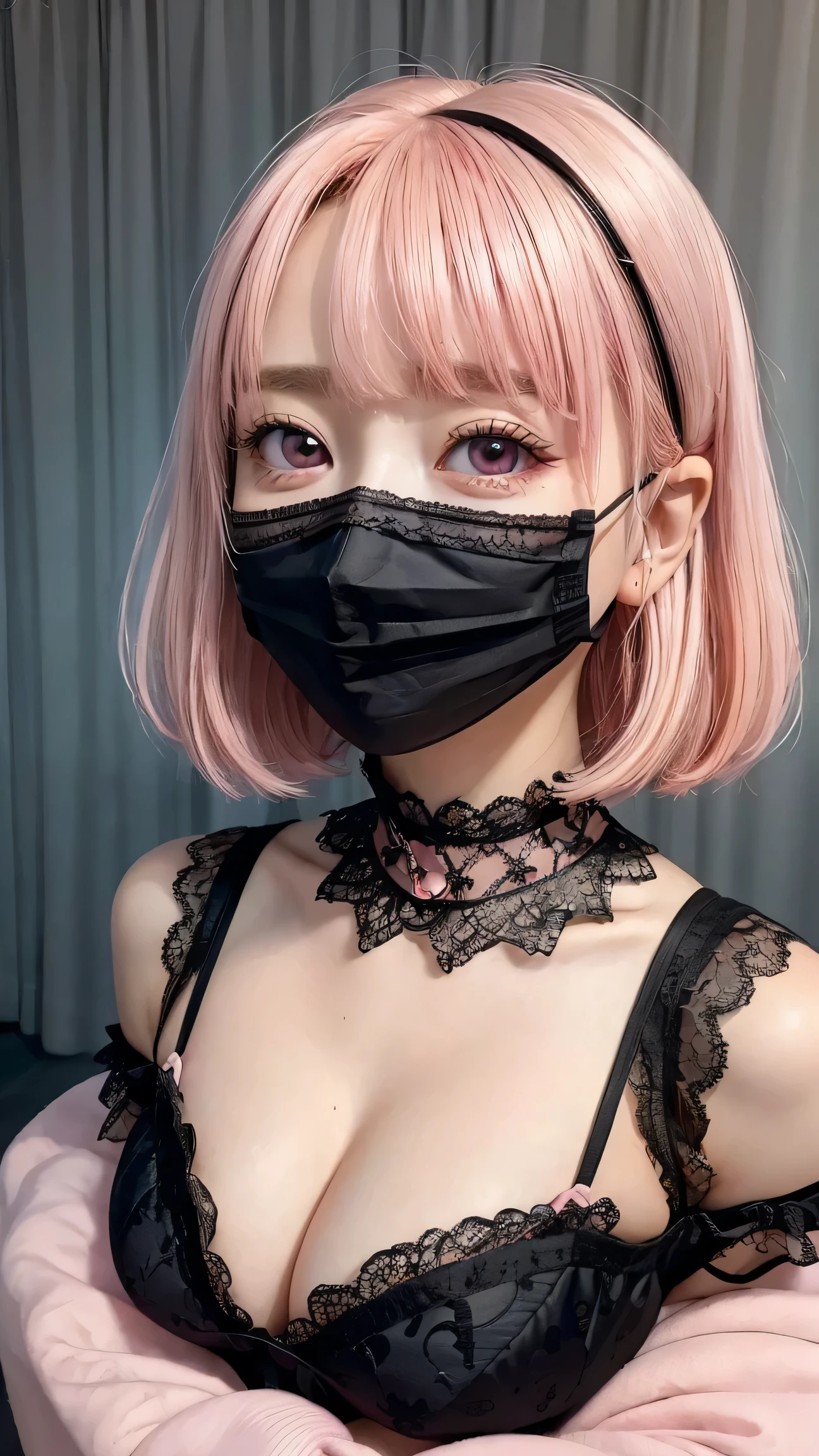 (4K quality:1.3),(Highest quality:1.3),(19 years old:1.3),(Large Breasts:1.6),Overdeveloped breasts:1.6,Big Breasts:1.6,Large Breasts in the World,Extra large chest:1.3,One of the largest breasts in the world,Saggy breasts,rich,Upper Body,smile,Japanese Voice Actors,Overflowing breasts,(jewelry),Captivate a man,Cleavage,(Con Cafe:1.5),(Celebrities:1.4),(thin:1.2),(Tight waist:1.4,(Night viewの良いホテル:1.1),(luxury:1.2),(Arisa Hanyu:1.5),(anorexia:1.4),(Night view:1.3),(Close up on face:1.2),Catchlight,(Child face:1.6),(smile:1.1),(Lori:1.5),(Pink Hair:1.6),(Short Hair),(Deep pink eyes:1.4),(2D cuteness:1.5),(Cute Makeup),Beautiful fingertips,Black lace collar,(black lace mask:1.3),(rock punk)