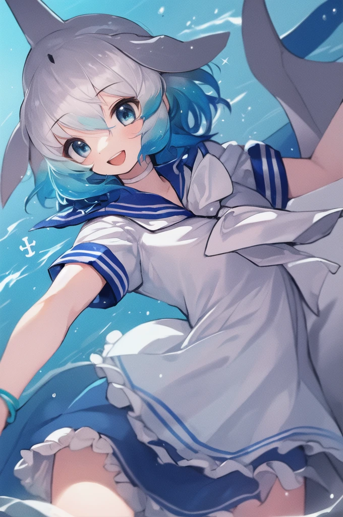 masterpiece, best quality, 1girl, solo, fins, head fins, short hair, multicolored hair, grey hair, white hair, blue hair, blue eyes, cetacean tail, choker, white choker, bracelet, sailor collar, neckerchief, white neckerchief, dress, frilled dress, sailor dress, short sleeves, frills, anchor symbol, underwater, :d,