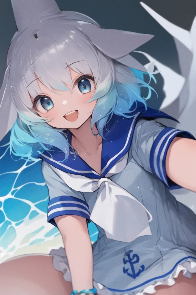 masterpiece, best quality, 1girl, solo, fins, head fins, short hair, multicolored hair, grey hair, white hair, blue hair, blue eyes, cetacean tail, choker, white choker, bracelet, sailor collar, neckerchief, white neckerchief, dress, frilled dress, sailor dress, short sleeves, frills, anchor symbol, underwater, :d,