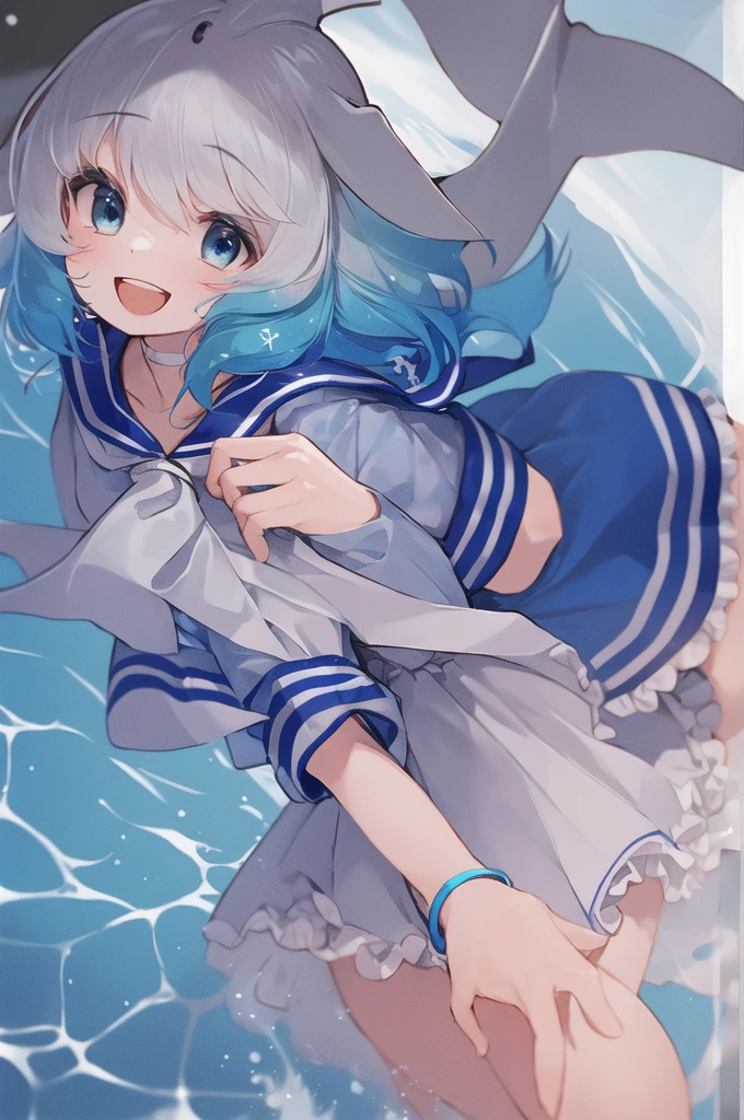 masterpiece, best quality, 1girl, solo, fins, head fins, short hair, multicolored hair, grey hair, white hair, blue hair, blue eyes, cetacean tail, choker, white choker, bracelet, sailor collar, neckerchief, white neckerchief, dress, frilled dress, sailor dress, short sleeves, frills, anchor symbol, underwater, :d,