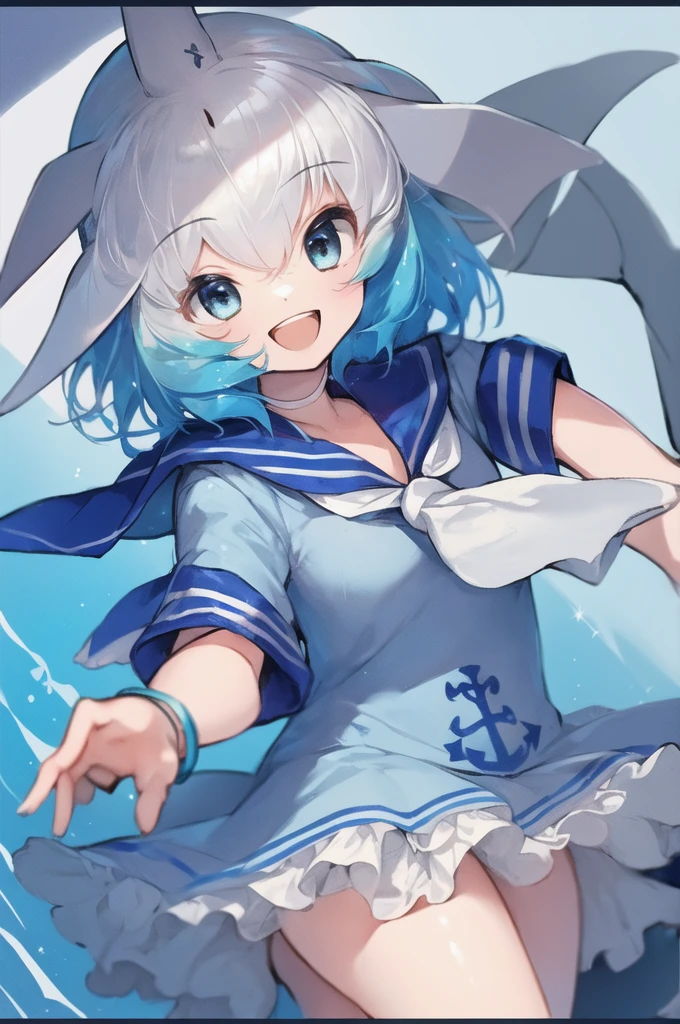 masterpiece, best quality, 1girl, solo, fins, head fins, short hair, multicolored hair, grey hair, white hair, blue hair, blue eyes, cetacean tail, choker, white choker, bracelet, sailor collar, neckerchief, white neckerchief, dress, frilled dress, sailor dress, short sleeves, frills, anchor symbol, underwater, :d,