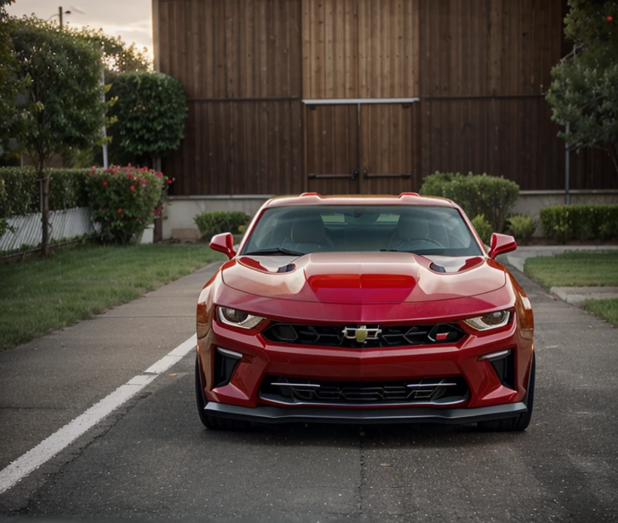 1 beautiful red Camaro car, totally elegant and wonderful, It's in a garage, 4 k image, realisitic, slightly side view, wonderful wheels, brand new