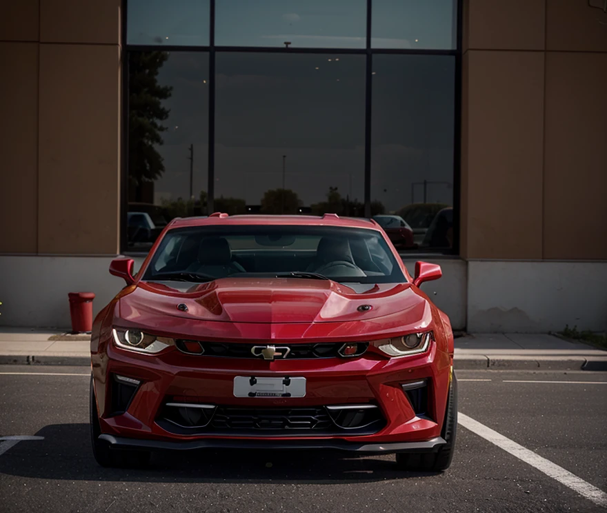 1 beautiful red Camaro car, totally elegant and wonderful, It's in a garage, 4 k image, realisitic, slightly side view, wonderful wheels, brand new