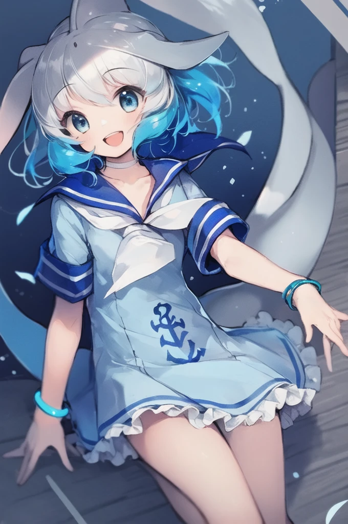 masterpiece, best quality, 1girl, solo, fins, head fins, short hair, multicolored hair, grey hair, white hair, blue hair, blue eyes, cetacean tail, choker, white choker, bracelet, sailor collar, neckerchief, white neckerchief, dress, frilled dress, sailor dress, short sleeves, frills, anchor symbol, underwater, :d,