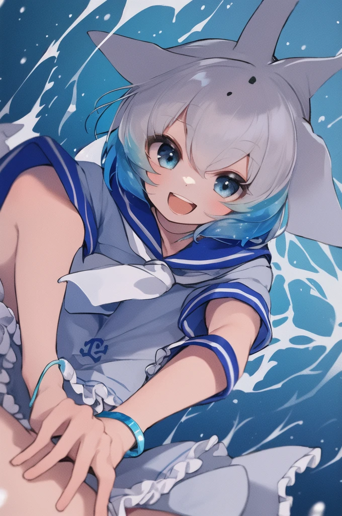 masterpiece, best quality, 1girl, solo, fins, head fins, short hair, multicolored hair, grey hair, white hair, blue hair, blue eyes, cetacean tail, choker, white choker, bracelet, sailor collar, neckerchief, white neckerchief, dress, frilled dress, sailor dress, short sleeves, frills, anchor symbol, underwater, :d,