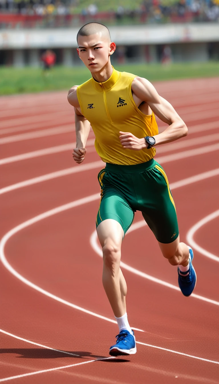 Chinese boys,18 years old,Athlete,Buzz cut,short hair,Single eyelid,whole body,Wear sportswear,Running on the track,