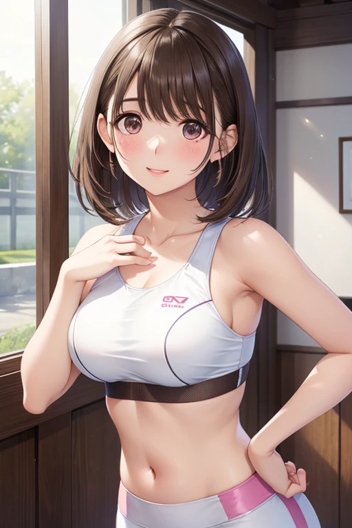 top-quality　Junior High School Bra　Beige shorts　　　　Cool look　　small tits　　１６age　　、Mass sweat、Ecstasy face((masutepiece)), (1 girl:2.0), (extra detailed face, Smiling), Short haircut, Brown hair, Petite, (Thin Build), (a japanese girl), ((Athletics Club Member, Long-distance runner)), Slightly round face, (Tanned brown face:1.6), Cute, Big eyes、（toppless、Naked breasts of woman in swollen shirt exposed:1.5）、NSFW、1girl in, （Undressing bra,:1.8）