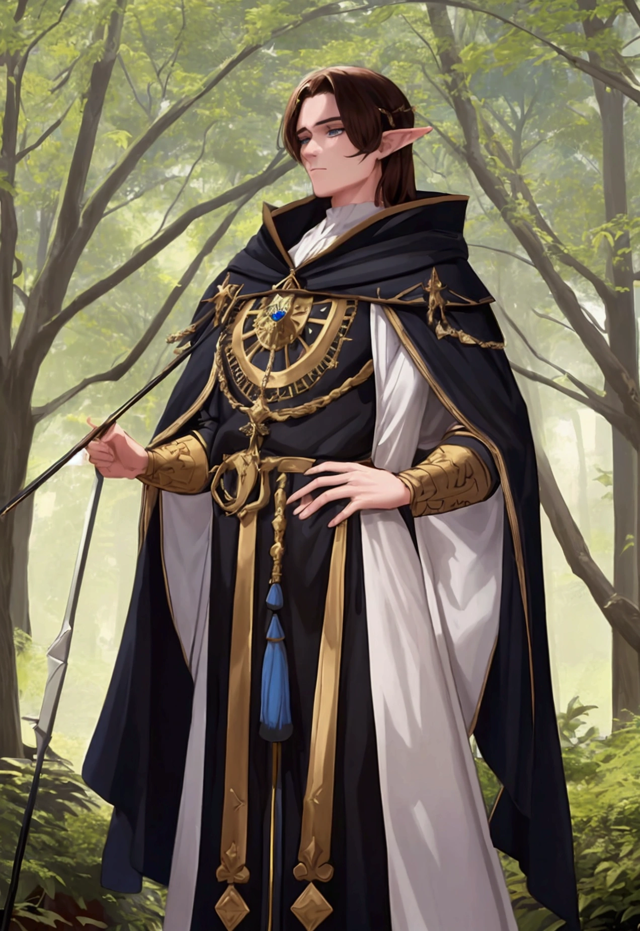 (absurderes, 8k, 4K, work of art, hyper extreme detailed:1.2), (fully body) (full size) (full viwer) (face perfect) standing alone, Elf Man, (young 20 years old) from front view, (pointy ear) (outfit give archers, wizard&#39;s cloak) portraite, standing alone, masculine , brownhair, (foliage props).