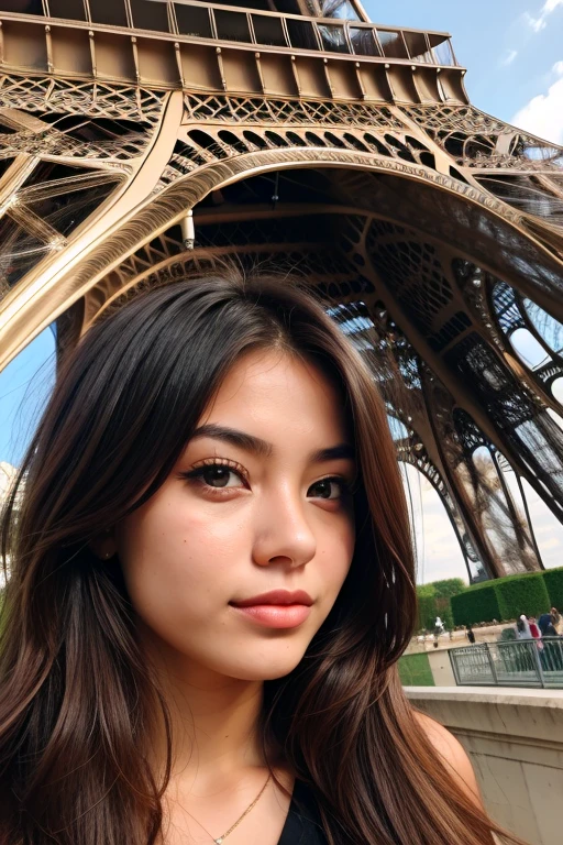 beautifull eurasian girl, 23 years old, front of the eiffel tower