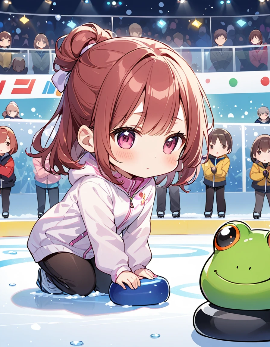 (One Girl、(Chibi Girl:1.2))、(Kneel on the rink、Place your hands in front of your knees、Holding back the frog)、((Curling match))、(The background is an ice rink、Many spectators、Curling stones are placed)