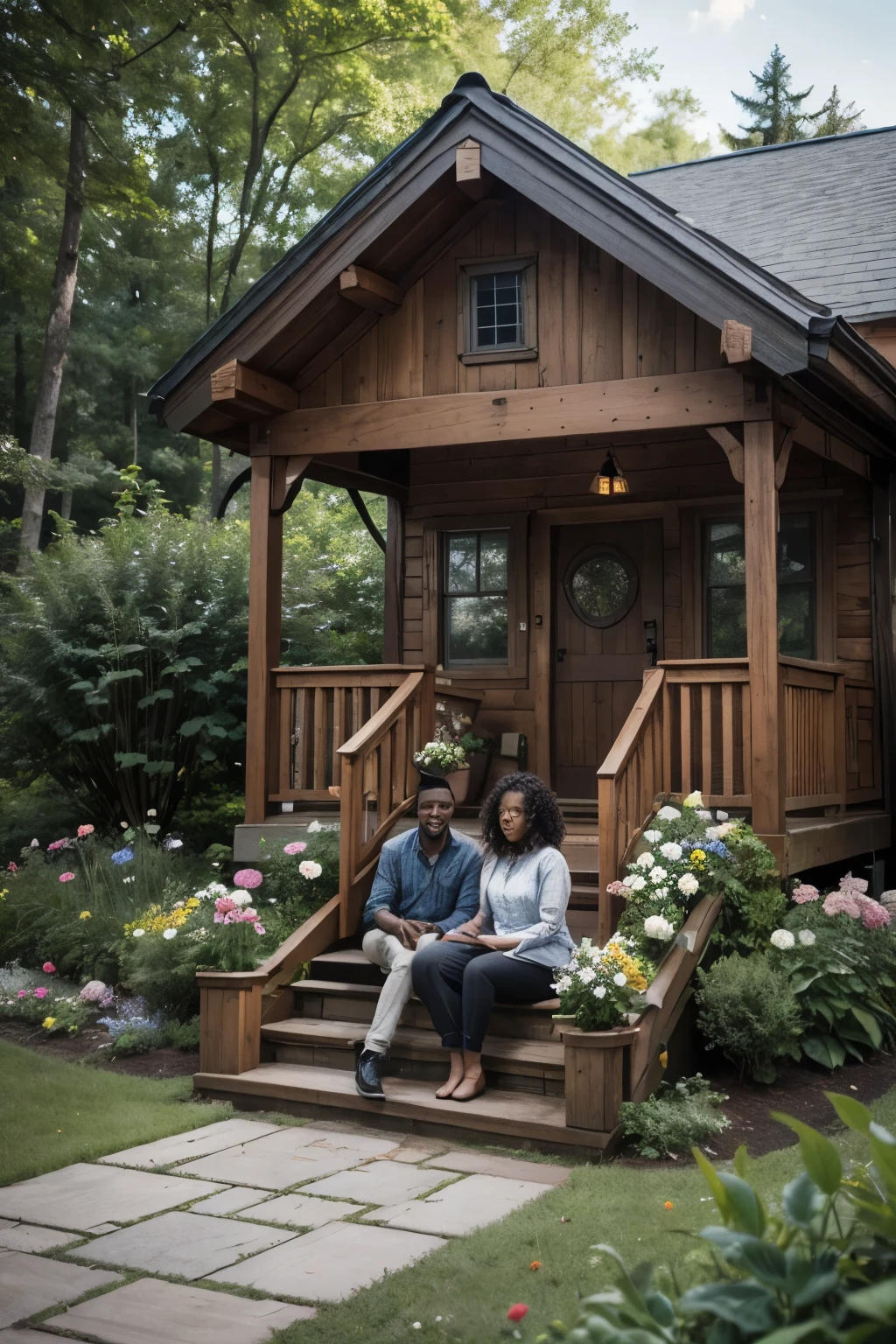 create a setting for a book of a little house in the woods with brown picket fences, with colored flowers, butterflys, a couple, a black man and a black woman with curly hair, sitting on the porch of the house , and a little dog playing in the yard