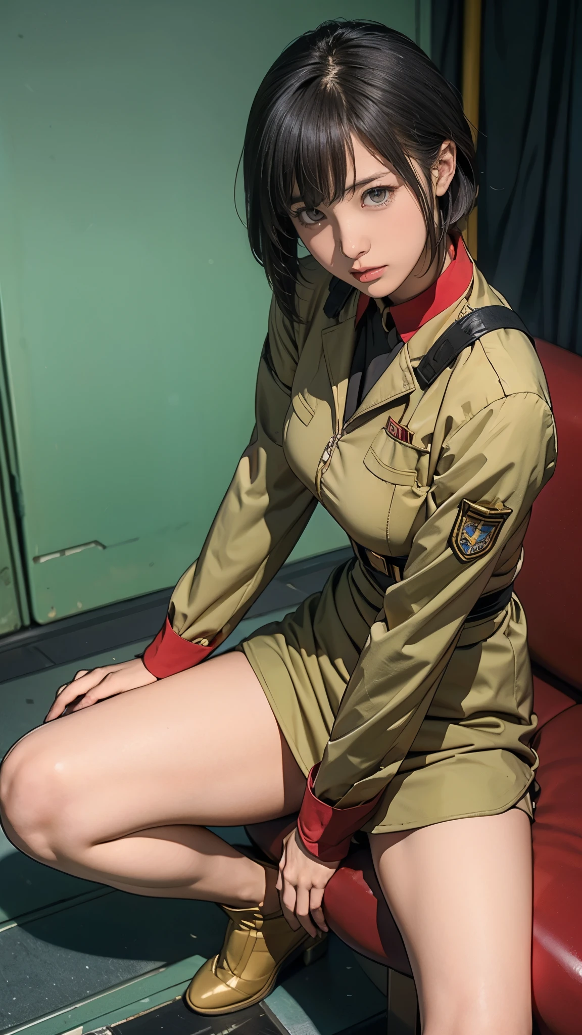 ****************、Earth Federation Operator Girl Soldier、Black short hair、Large Breasts、Idol-level cuteness、Childish face and appearance、Operator intercom mounted on head、Accurately drawn faces、thin、健康的なKnee-lengthスカート風の地球連邦軍制服、Knee-length、Inside the bridge of a battleship、Low angle shot、Anatomically correct、Accurate Fingers、Accurate Rimbuster Piece、Photorealization