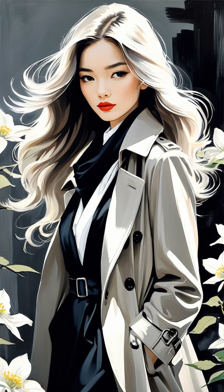 in style of Lillian Bassman,(in style of by Liu Ye:0.5),in style of Raymond Pettibon,
((masterpiece, best quality)),(illustration),(detailedLight),((Extremely exquisite and beautiful)),Character design illustration,1 Girl,Black long trench coat,White shirt,White collared flowers,Long hair,Silver long hair,Dark shadows,adjusting_scarf,print_scarf,