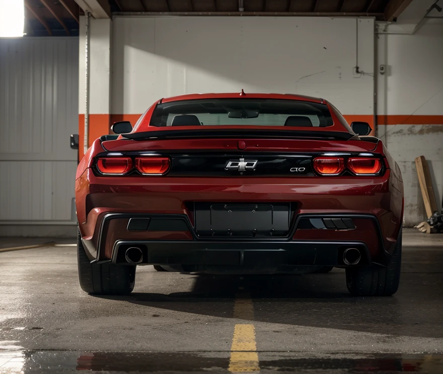 a red Camaro car, elegant, wonderful, in a garage, (best quality,4k,8k,highres,masterpiece:1.2),ultra-detailed,(realistic,photorealistic,photo-realistic:1.37),slightly side view, brand new magnificent wheels, detailed reflections, perfect lighting, high-quality automotive paint, chrome accents, glossy finish, intricate details, sleek design, dynamic composition