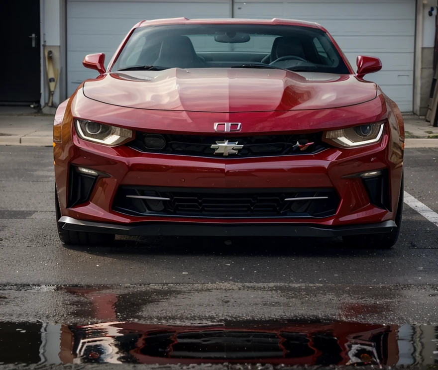 a red Camaro car, elegant, wonderful, in a garage, (best quality,4k,8k,highres,masterpiece:1.2),ultra-detailed,(realistic,photorealistic,photo-realistic:1.37),slightly side view, brand new magnificent wheels, detailed reflections, perfect lighting, high-quality automotive paint, chrome accents, glossy finish, intricate details, sleek design, dynamic composition