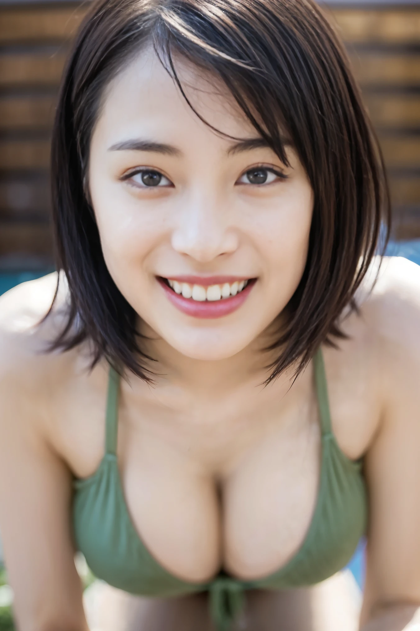 Sea Artbot ,Upscaling 、masterpiece:1.2)、(Realistic、photo Realistic:1.37)、1 girl、Japanese、Year: 19 years old、Sitting in a sauna, (Beige bikini: 1.2), Beautiful breasts, blush, (Bob Hair, Shortcuts, Brown Hair)、Detailed face、Lip details、double eyelid、(Sweaty body:1.2)、Grinning face、Make eye contact with the camera、Very detailed、super high quality、whole body