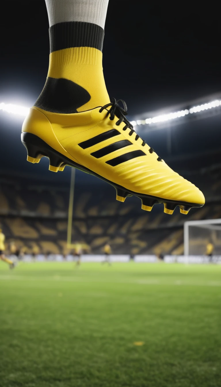 A foot wearing yellow and black socks kicks the football,Background of football field at night,Football flying away,The stands of the stadium were full of people,Adding details