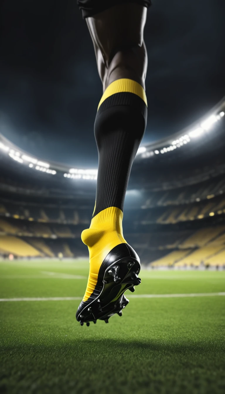 A foot wearing yellow and black socks kicks the football，Background of football field at night，Football flying away，The stands of the stadium were full of people,Adding details