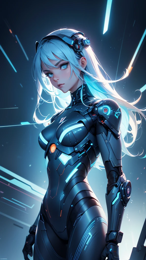 prompt: digital painting, A close-up portrait of a futuristic cyborg or android with glowing blue lights and a metallic, robotic face, bold and slim lines, brush strokes.(Best Quality,4k,8k,High resolution,masterpiece:1.2),ultra detailed,(realist,photorealist,photo-realist:1.37),robotic doll,futuristic technology,detailed complexities,metallic texture,Flat surface,Complex gears,interwoven wires,flashing lights,deep look,elegant pose,Portraits,vivid colors,studio lighting