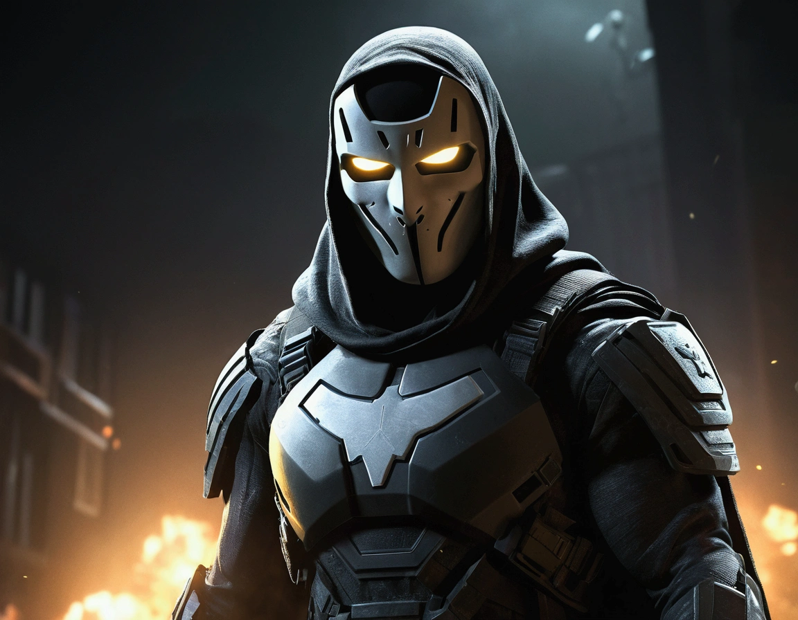 a ghost character from call of duty mobile, realistic, dressed as a superhero, anonymous, call of duty mobile logo in the background, extremely detailed, cinematic lighting, dramatic atmosphere, (best quality,4k,8k,highres,masterpiece:1.2),ultra-detailed,(realistic,photorealistic,photo-realistic:1.37),cinematic composition,dramatic pose,dark and moody colors,dramatic shadows,volumetric lighting,realistic textures,detailed costume design,intricate details,high contrast,penetrating gaze