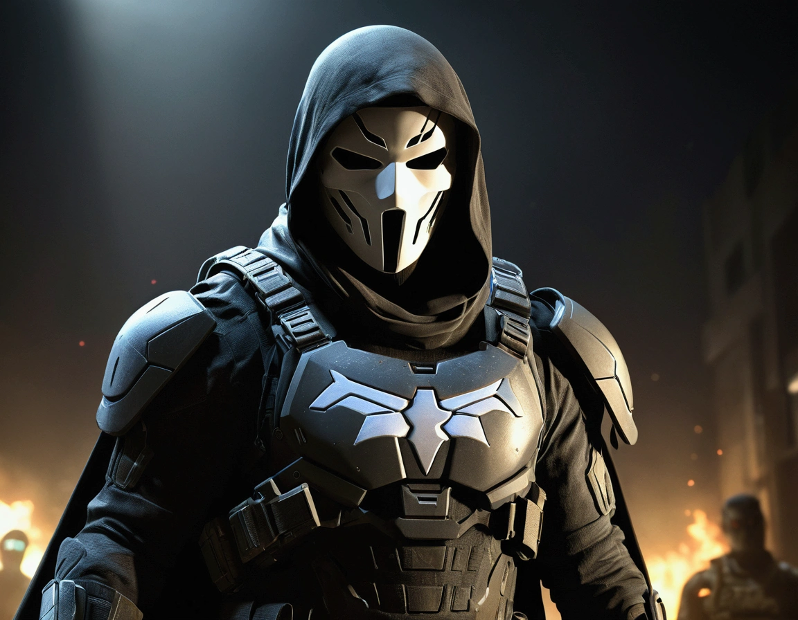 a ghost character from call of duty mobile, realistic, dressed as a superhero, anonymous, call of duty mobile logo in the background, extremely detailed, cinematic lighting, dramatic atmosphere, (best quality,4k,8k,highres,masterpiece:1.2),ultra-detailed,(realistic,photorealistic,photo-realistic:1.37),cinematic composition,dramatic pose,dark and moody colors,dramatic shadows,volumetric lighting,realistic textures,detailed costume design,intricate details,high contrast,penetrating gaze