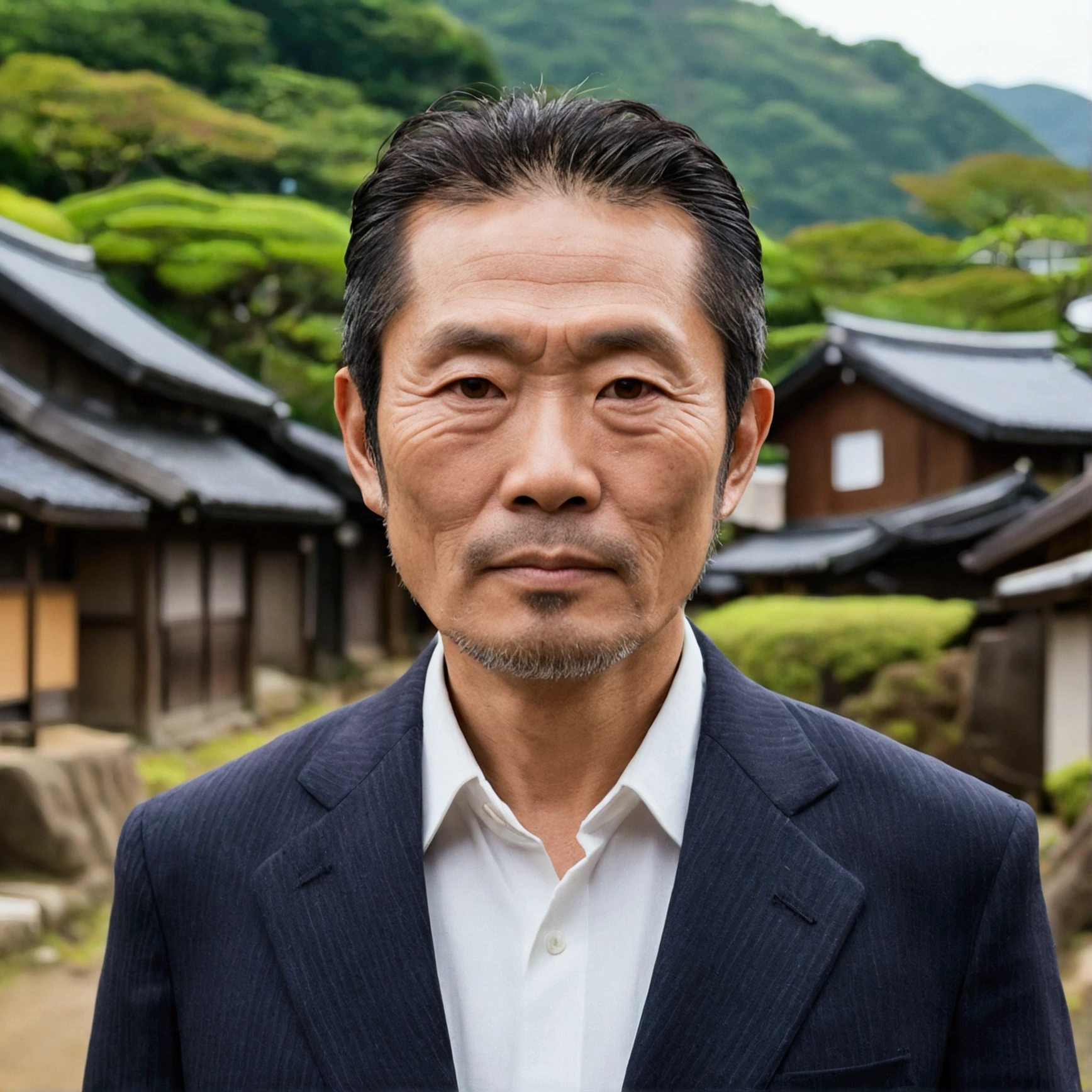 an Japanese man, 50 years old, a village background, looking straight, medium shot