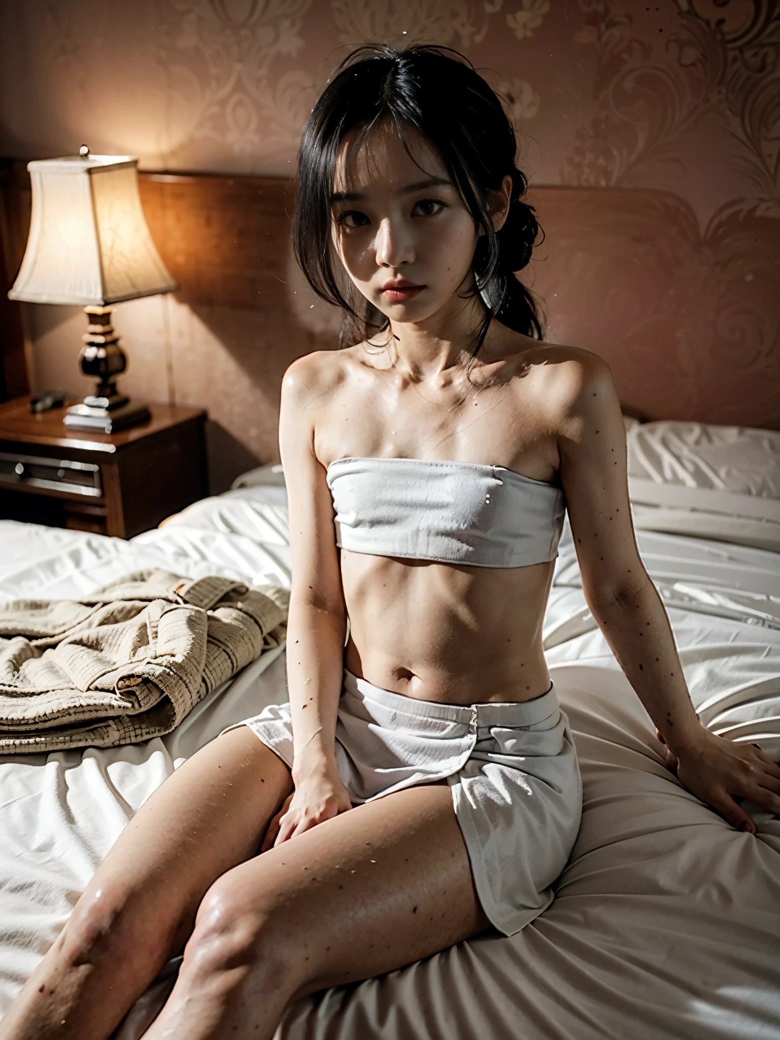 raw photo, 8k, (top-quality), Realistic, (real picture, Intricate details), (natural skin texture, detailed skin, hyper realism, sharpness), (Japanese teenage girl sitting on small bed in a old hotel at night, hands between leg), ((naked towel)), (((flat chast:1.5))), (slender body, pale skin:1.2), ((wavy hair, blunt bangs)), (baby face, provocative look, Parted lips:1.3, eye bag:1.3, red thick lips, under eye circle), thighs, night time, red wallpaper, hard lighting:1.3, full body shot