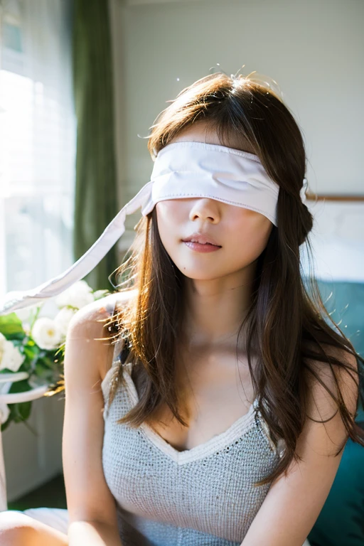 masterpiece, best quality, (white blindfold:1.5), more_details:1.0, 1girl, cute girl, sitting on bed