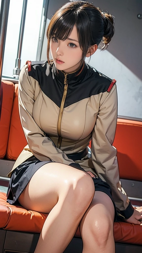 10-year-old girl、Earth Federation Operator Girl Soldier、Black short hair、Large Breasts、Idol-level cuteness、Childish face and appearance、Operator intercom mounted on head、Accurately drawn faces、thin、健康的なKnee-lengthスカート風の地球連邦軍制服、Knee-length、Inside the bridge of a battleship、Low angle shot、Anatomically correct、Accurate Fingers、Accurate Rimbuster Piece、Photorealization