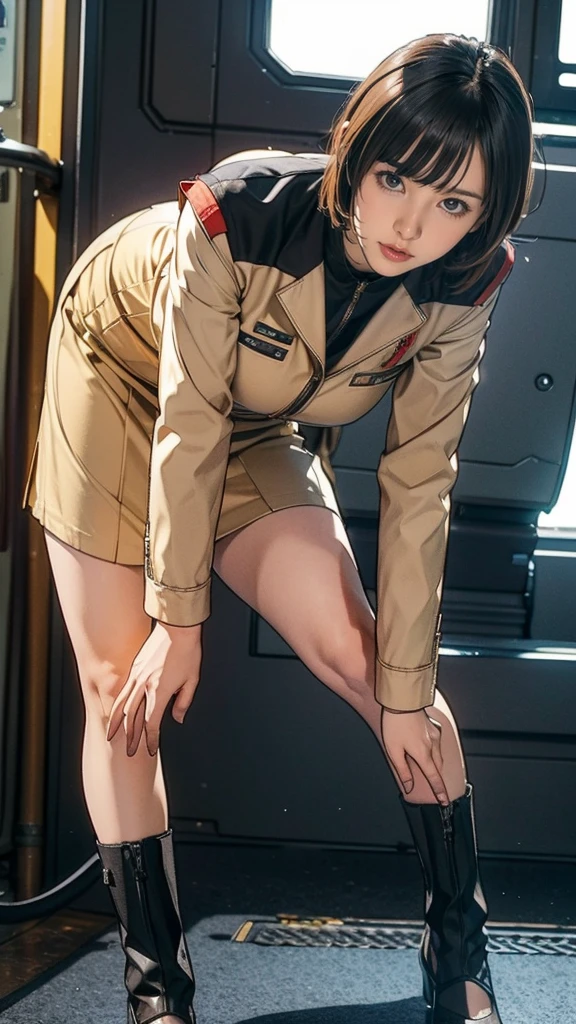 -yeld giEarth Federation Operator Girl Soldier、Black short hair、Large Breasts、Idol-level cuteness、Childish face and appearance、Operator intercom mounted on head、Accurately drawn faces、thin、健康的なKnee-lengthスカート風の地球連邦軍制服、Knee-length、Inside the bridge of a battleship、Low angle shot、Anatomically correct、Accurate Fingers、Accurate Rimbuster Piece、Photorealization