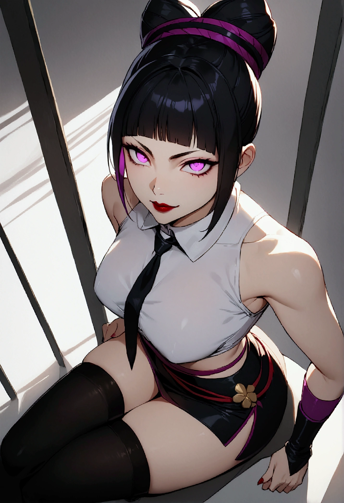 juri han, work of art, tight white secretary shirt with black tie, black high waist skirt, short skirt,stocking, black hair, black tightscary sun,office,bangs on the eyes,Lighting, hair with purple details,view from above,staring overhead,evil smile,sitting,cross legs,glowing purple eyes,red lips,The eyes