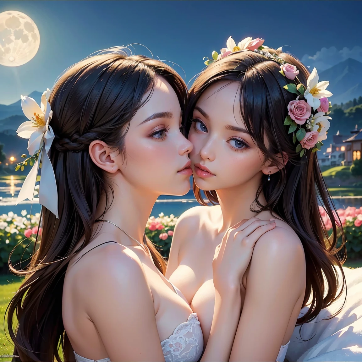 (masterpiece, highest quality, official art, beauty and aesthetic:1.5), perfect anatomy, two women is deeply in love with each other, kiss, romantic atmosphere, flower and moon, magnificent panorama view