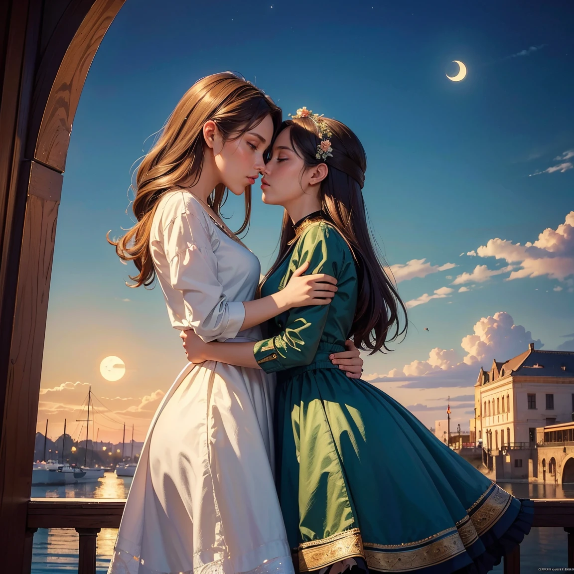 (masterpiece, highest quality, official art, beauty and aesthetic:1.5), perfect anatomy, two women is deeply in love with each other, kiss, romantic atmosphere, flower and moon, magnificent panorama view