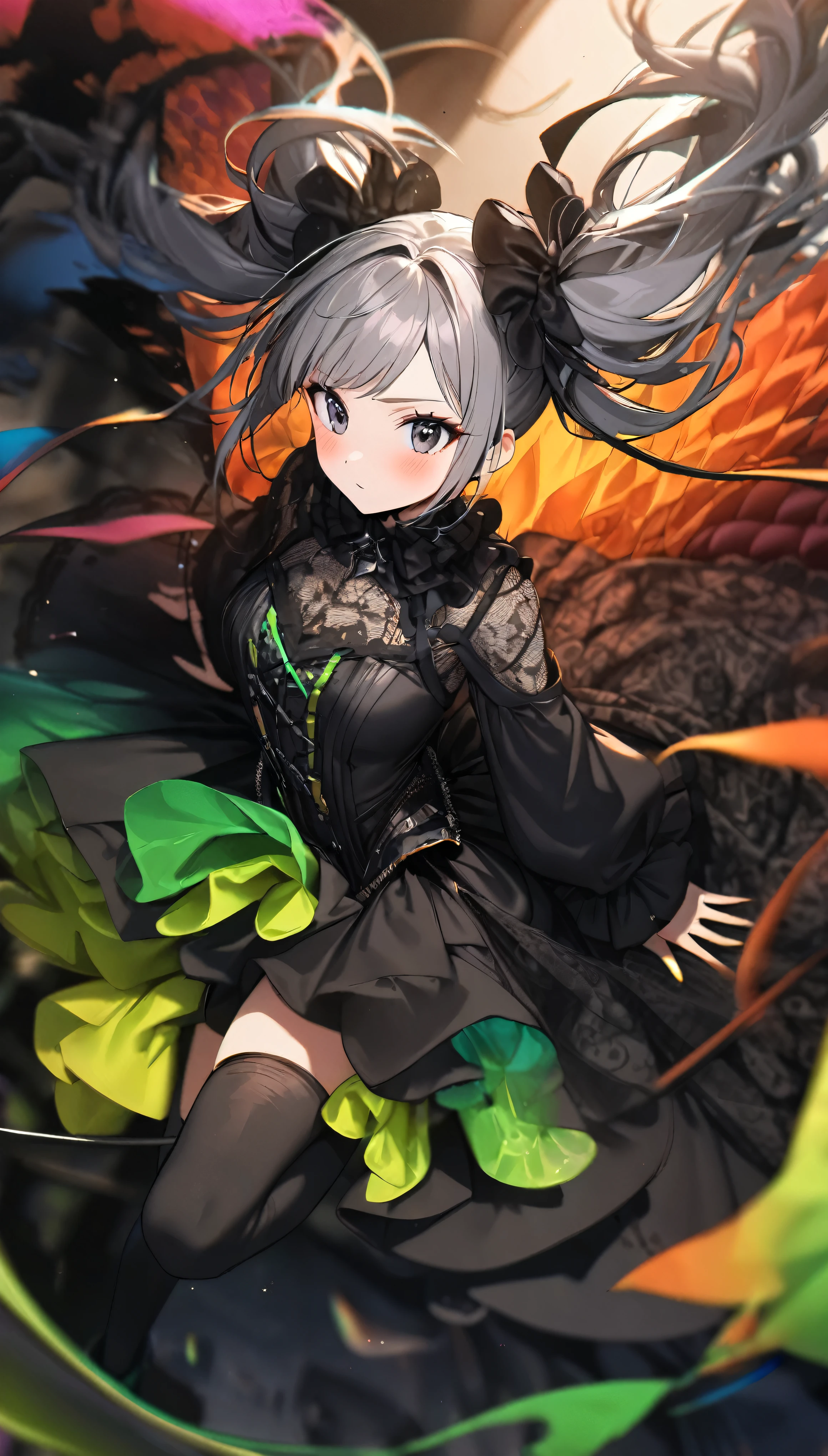 (((1 girl))), Gothic, Twin tails, Gray Hair, blush, Vibrant and colorful water splash, Organza lace, Gorgeous and elaborate clothes,Gothic, High quality fabric, flight, green, (colorful), Bold, Gradient blend, Motion Blur, Sparkling Texture, Dynamic configuration, Atmospheric perspective, Soft Focus, (Highest quality:1.2, Very detailed, up to date, Vibrant, Ultra-high resolution, High Contrast, masterpiece:1.2, Highest quality, Best aesthetics).