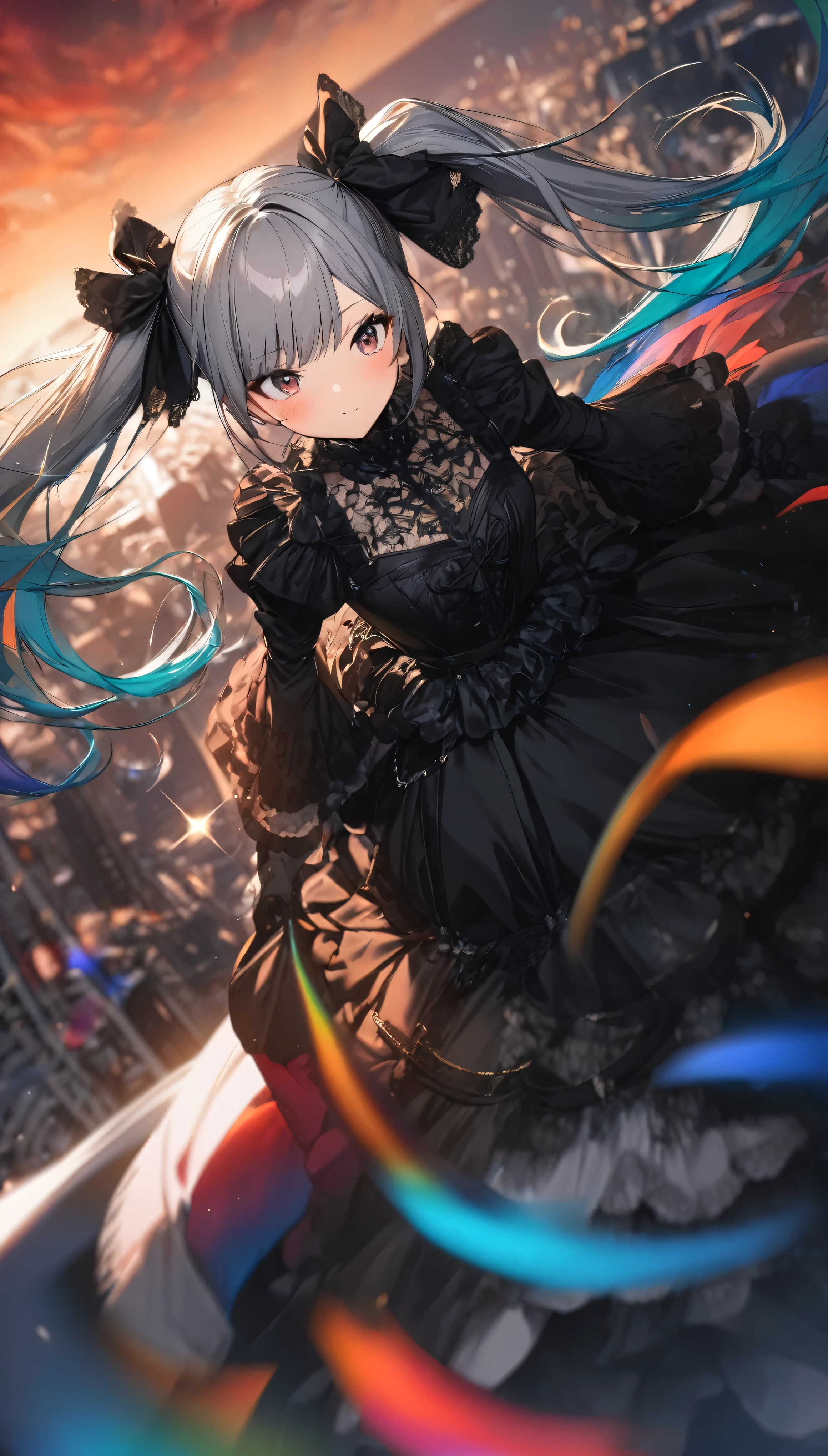 (((1 girl))), Gothic, Twin tails, Gray Hair, blush, Vibrant and colorful water splash, Organza lace, Gorgeous and elaborate clothes,Gothic, High quality fabric, flight, green, (colorful), Bold, Gradient blend, Motion Blur, Sparkling Texture, Dynamic configuration, Atmospheric perspective, Soft Focus, (Highest quality:1.4, Very detailed, up to date, Vibrant, Ultra-high resolution, High Contrast, masterpiece:1.2, Best aesthetics).