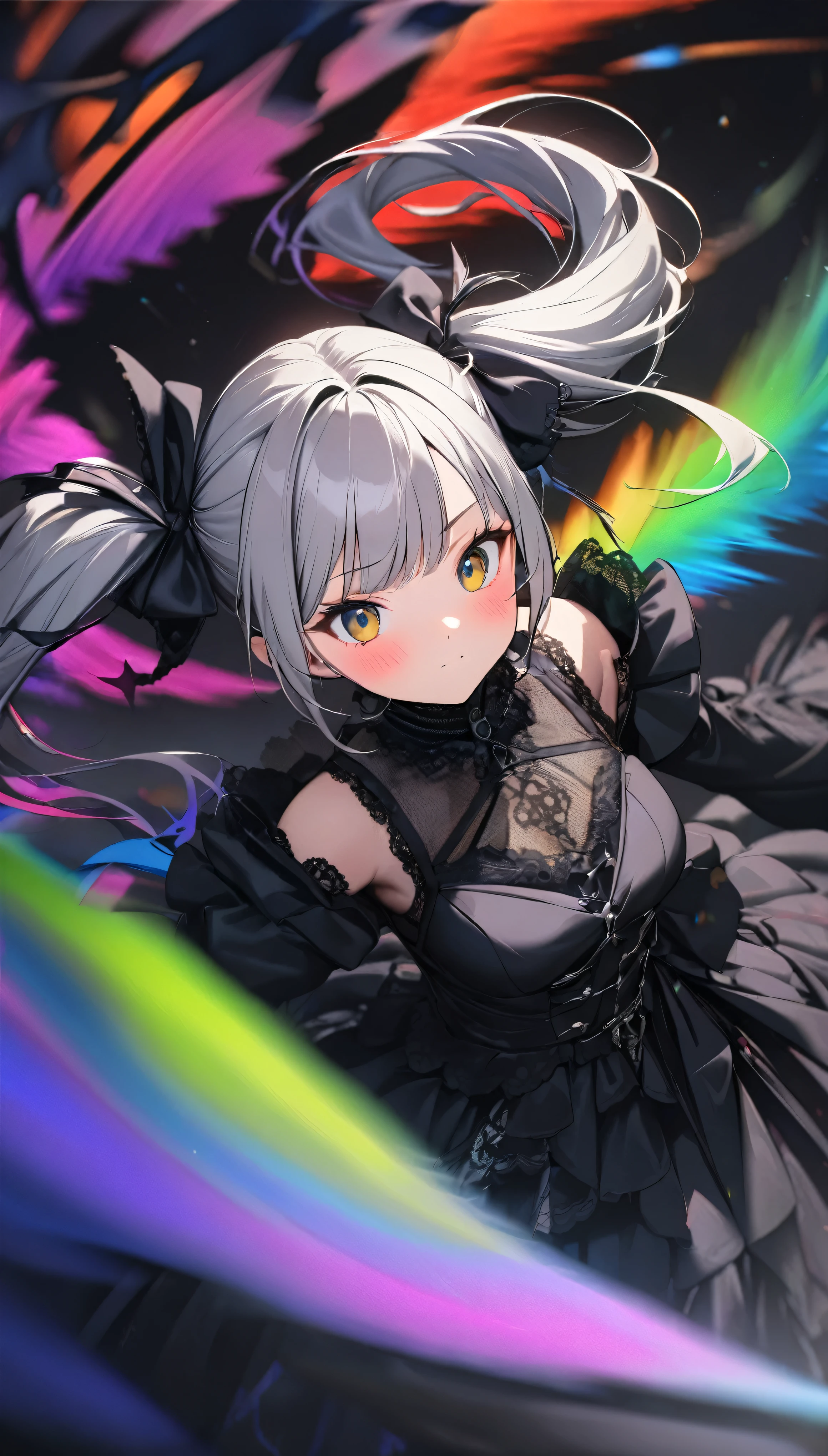 (((1 girl))), Gothic, Twin tails, Gray Hair, blush, Vibrant and colorful water splash, Organza lace, Gorgeous and elaborate clothes,Gothic, High quality fabric, flight, green, (colorful), Bold, Gradient blend, Motion Blur, Sparkling Texture, Dynamic configuration, Atmospheric perspective, Soft Focus, (Highest quality:1.4, Very detailed, up to date, Vibrant, Ultra-high resolution, High Contrast, masterpiece:1.2, Best aesthetics).