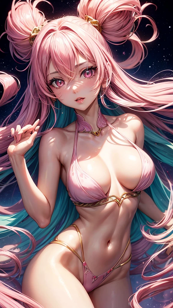 A slim, beautiful anime girl with flowing hair and striking pink lips. She stands gracefully, her eyes sparkling with a hint of mystery and charm. Her delicate features are accentuated by her vibrant lips, making her look both elegant and enchanting."