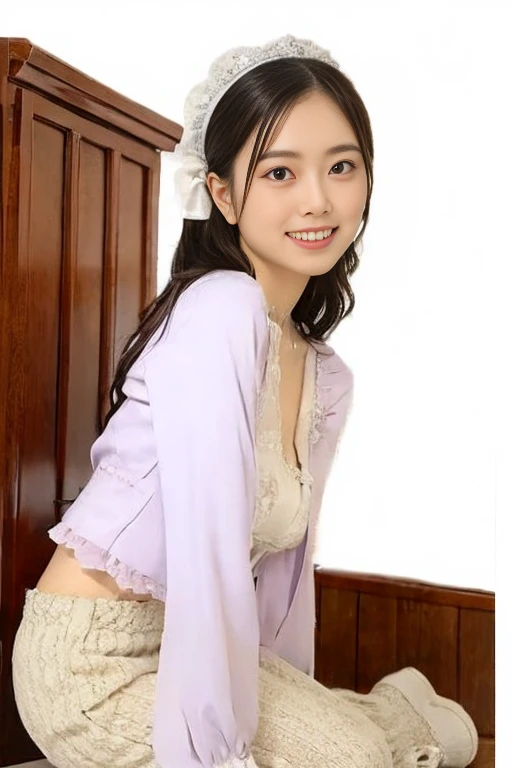 best quality, masterpiece, photo of over the knees, yokohiza, side view, kneeling, A Japanese pretty girl, eye contact, smile, small breast, flat chest,