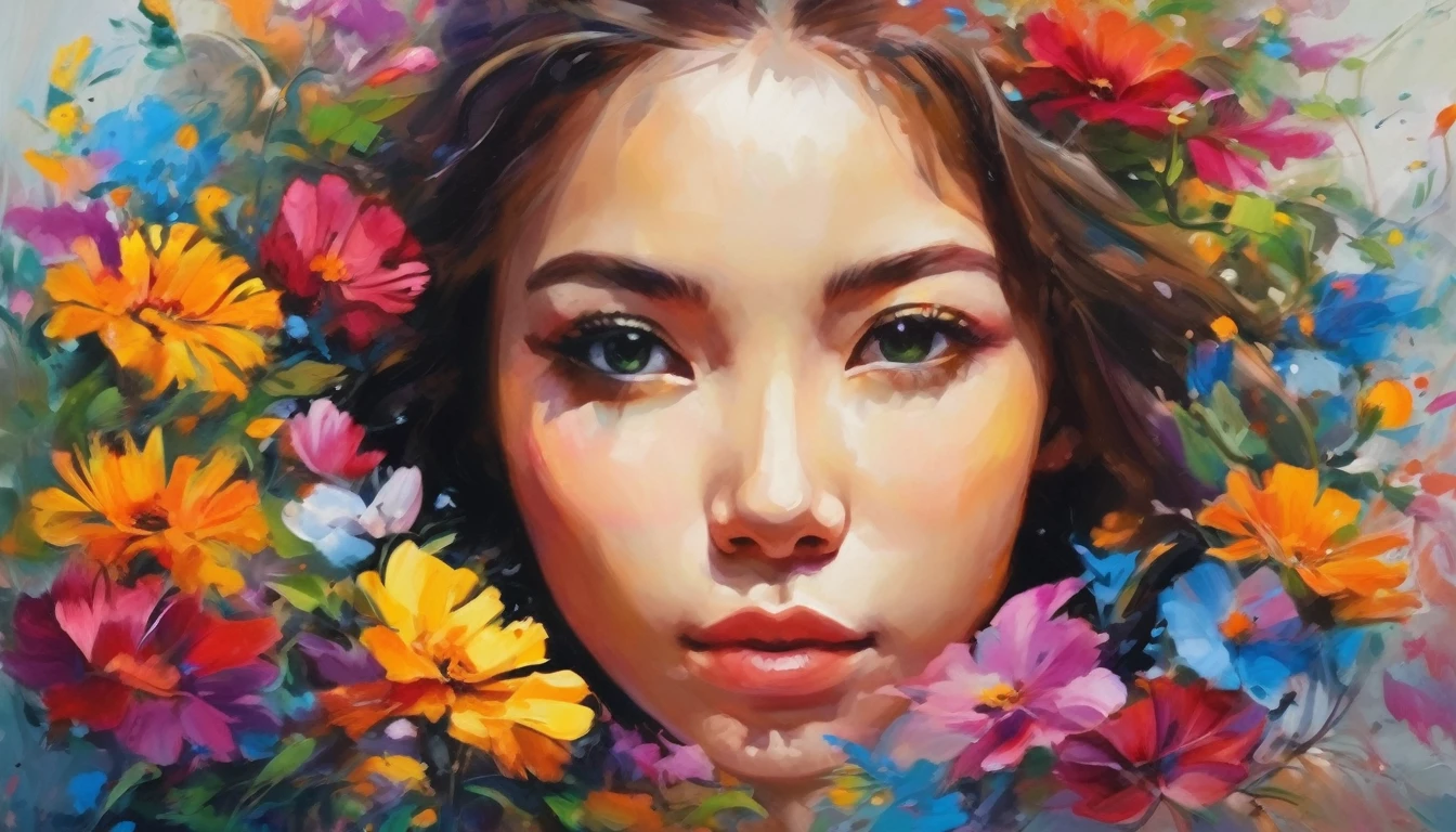 Girl In The Flower, colorful, ภาพวาดoil color, crazy color, oil color, High quality, Highly detailed