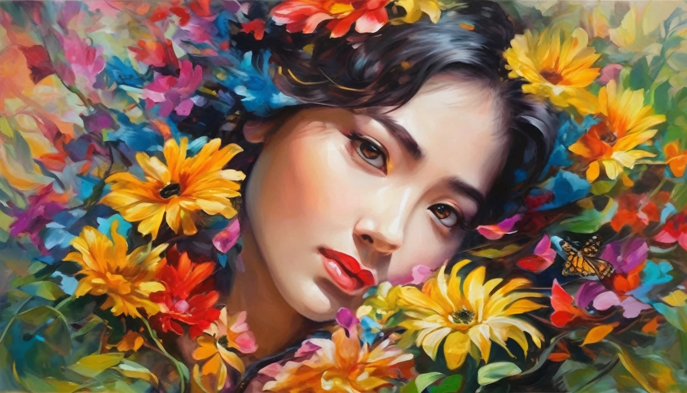 Girl In The Flower, colorful, ภาพวาดoil color, crazy color, oil color, High quality, Highly detailed