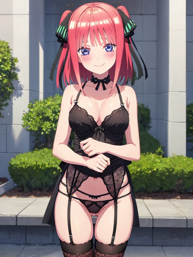 best quality, insanely detailed, nino nakano, breasts, blush, outdoor background, bare-shoulder, looking at viewer, garter strap, a black ribbon, stockings, pussy, smile, lingerie garterbelt