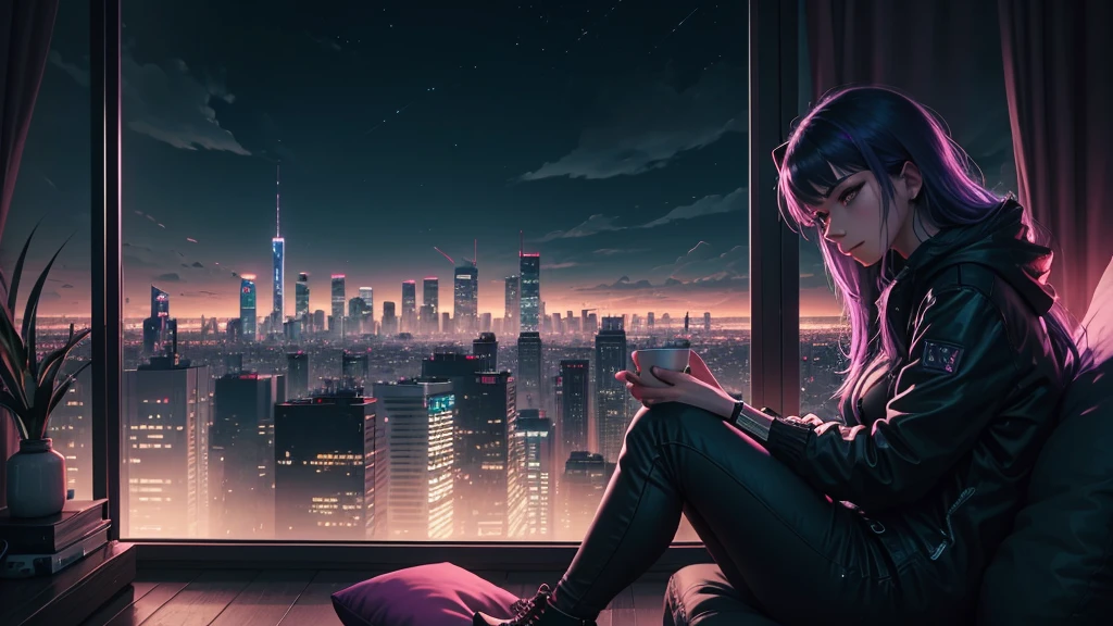 a woman sitting on a bean bag in front of a window watching a cityscape, chill time. good view, relaxing atmosphere, relaxing mood, overlooking a modern city, city in the background, cyberpunk vibe, cyberpunk vibes, lofi artstyle, chillhop, zen méditation cyberpunk, relaxing concept art, looking over city, anime vibes, night city in the background