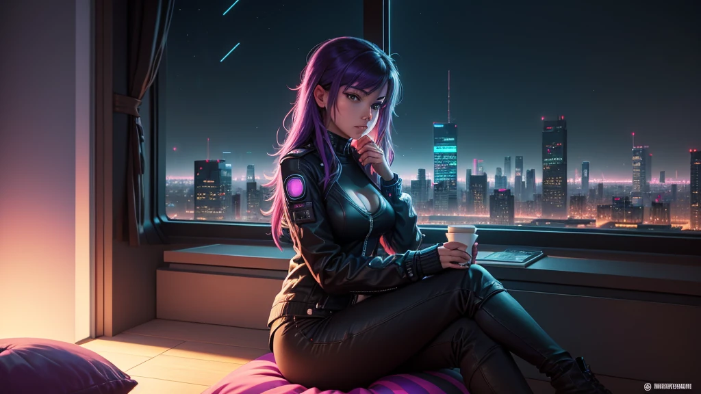 a woman sitting on a bean bag in front of a window watching a cityscape, chill time. good view, relaxing atmosphere, relaxing mood, overlooking a modern city, city in the background, cyberpunk vibe, cyberpunk vibes, lofi artstyle, chillhop, zen méditation cyberpunk, relaxing concept art, looking over city, anime vibes, night city in the background