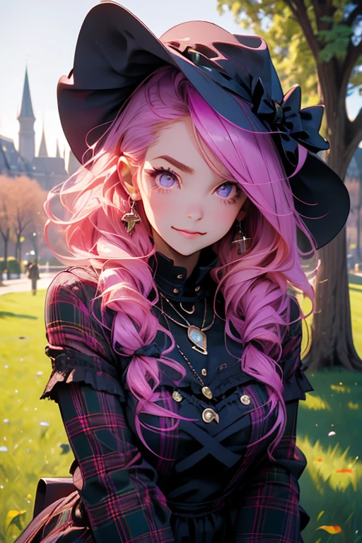 Perfect face. Perfect hands. A pink haired woman with violet eyes and an hourglass figure in a Gothic plaid dress is reading underneath a tree with a broken smile in the park