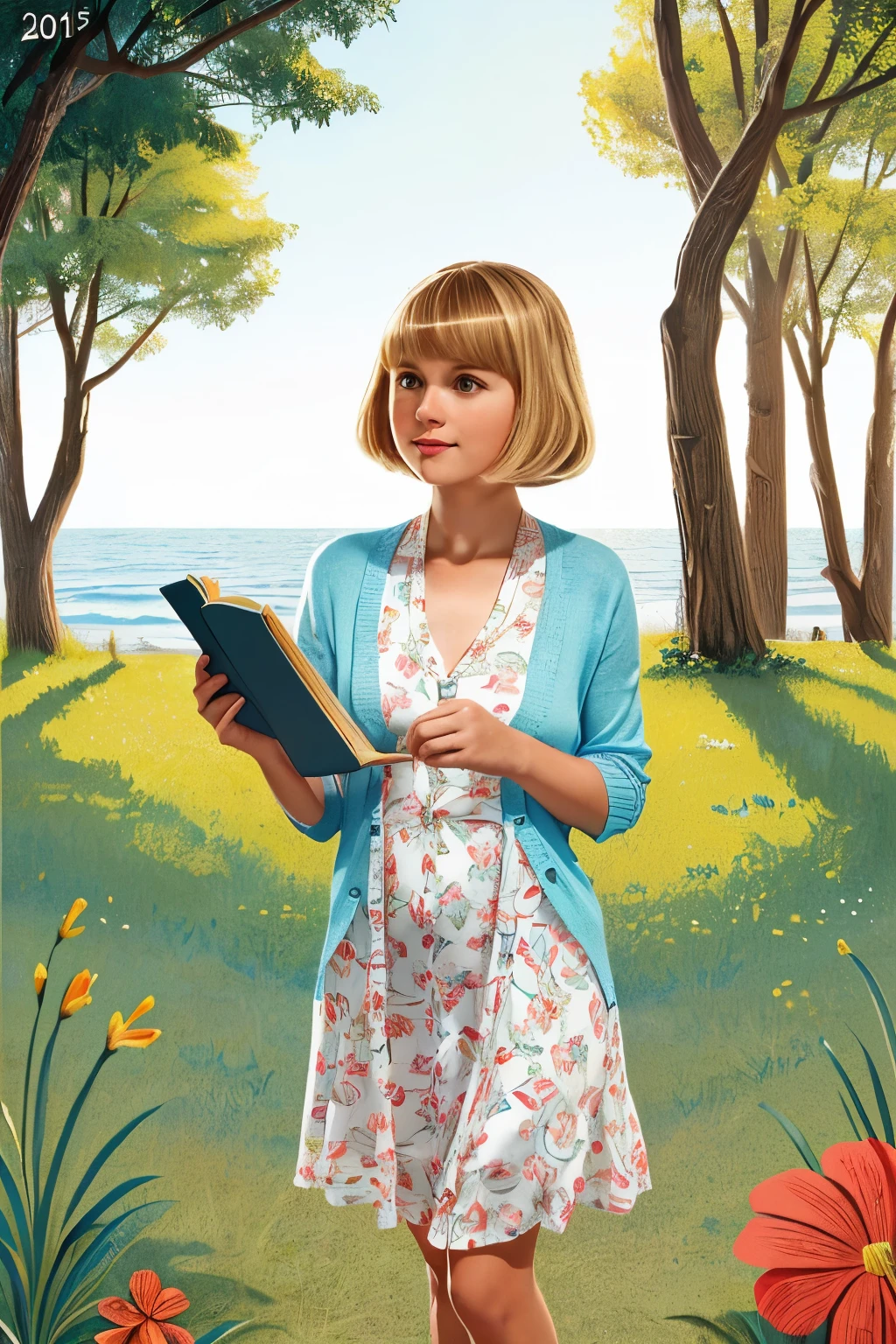 Alice's Island, USA, 2014. A young ((((31-year-old)) Amelia)), reading a book, with a bagpack, ((((clothings from the 2010s, flowy dress and cardigan)))), ((blonde hairstyle of the 2010s, bob with bangs))